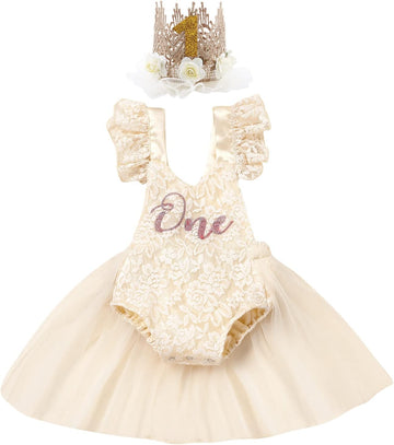 Baby Girls 1st Birthday Outfit Lace Romper Princess Tutu Dress Headband Cake Smash Clothes for Photo Shoot 2Pcs Sets