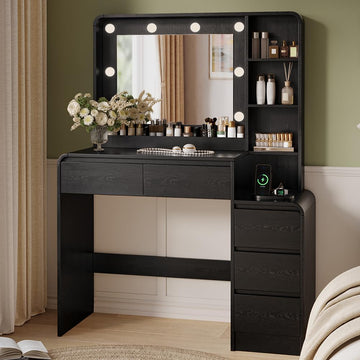 Vanity Table with Drawer Dresser, 39.3" Farmhouse Vanity Makeup Desk with Charging Station, Black Vanity Desk with
