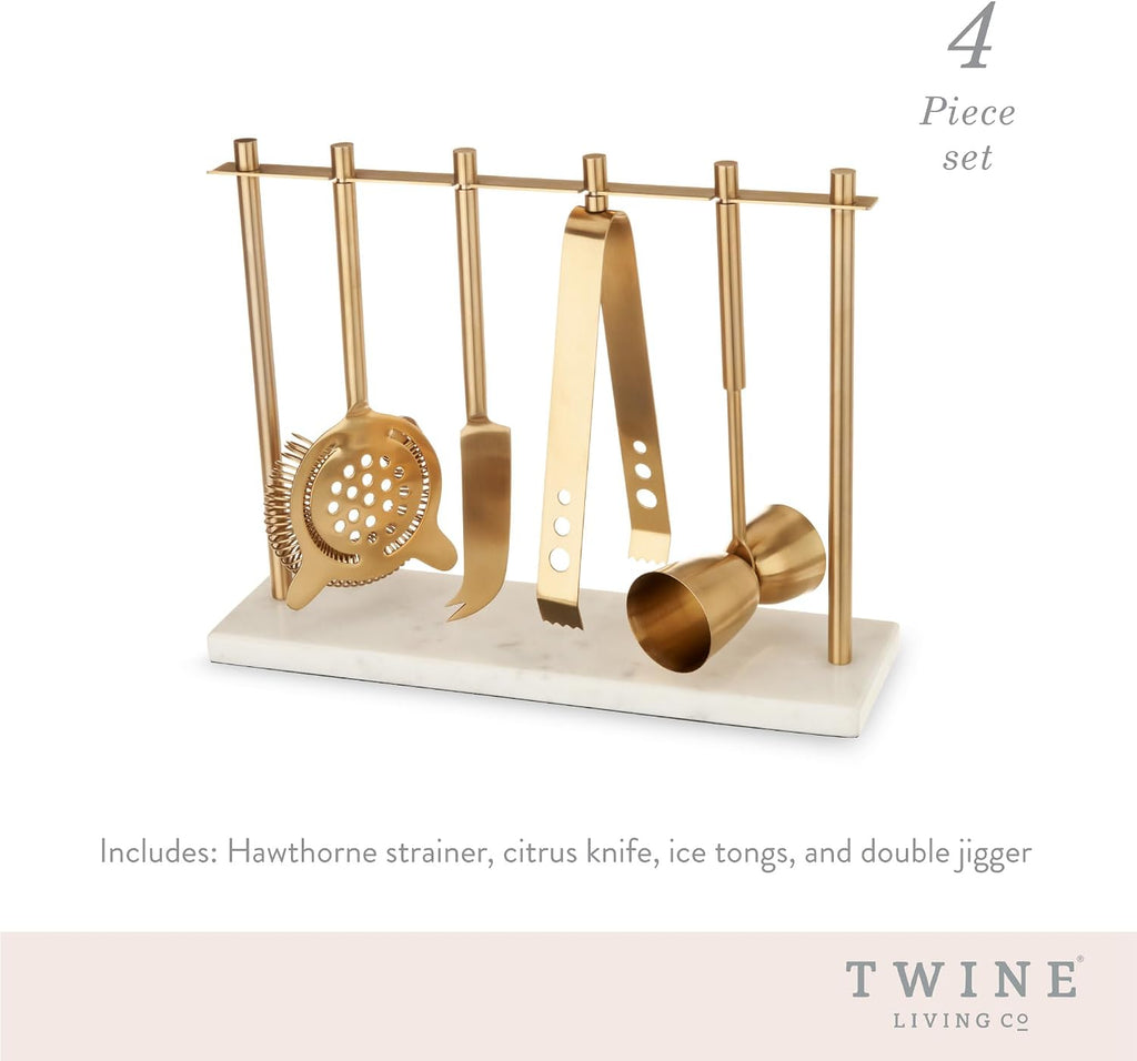 Bar Tool Set Includes Hawthorne Strainer, Citrus Knife, Ice Tongs, Double Jigger with Marble Display Stand - Set of 4