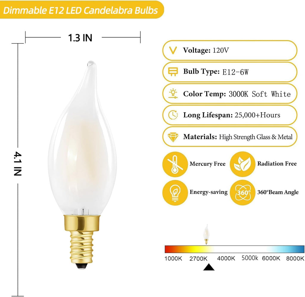 E12 Frosted Candelabra Candle LED Bulb 60W Dimmable 3000k Soft White bulb