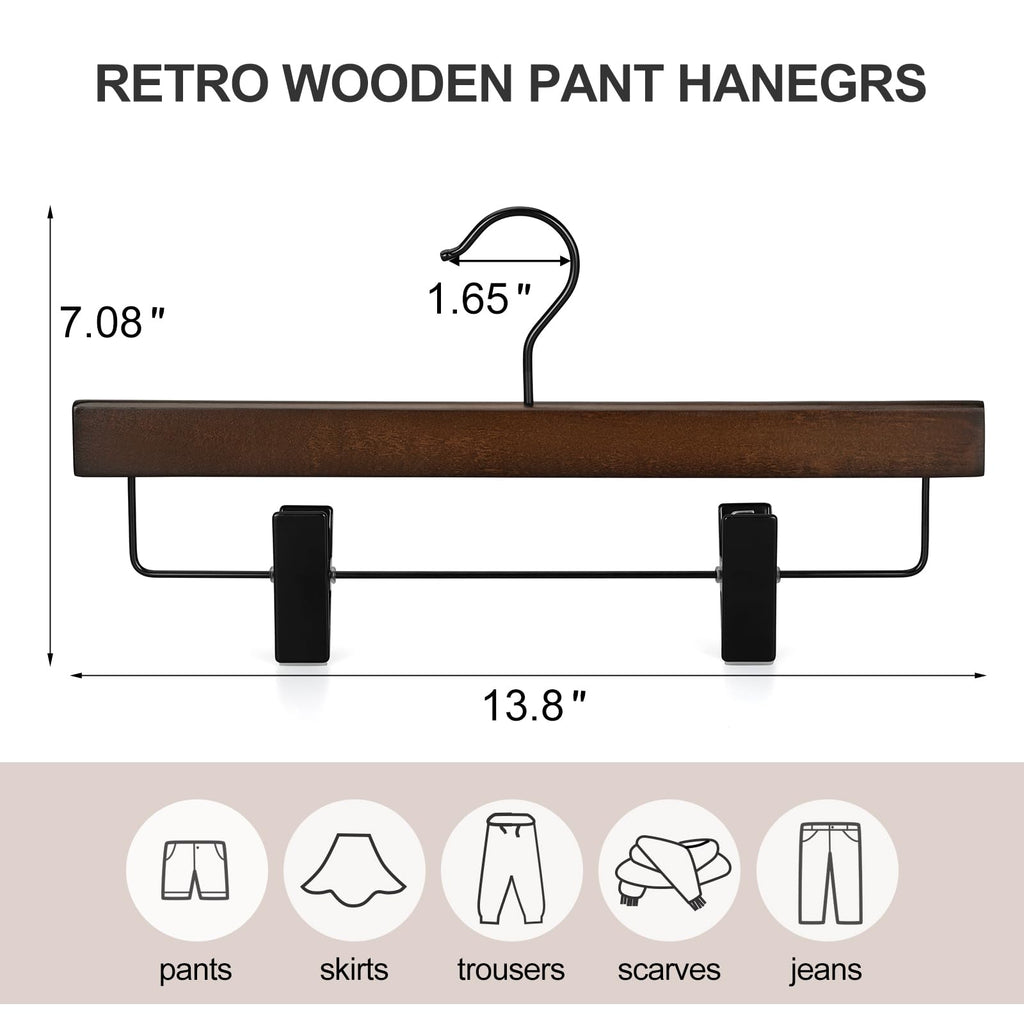 Pants Hangers, Wooden Skirt Hangers with Adjustable Metal Clips, Premium Retro Finish and 360° Swivel Black Hook