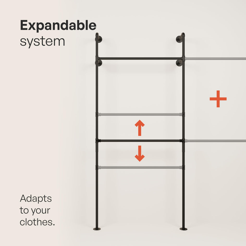 Industrial Clothing Rack Wall Mounted Black - 154" W × 87" H, 1100 lbs