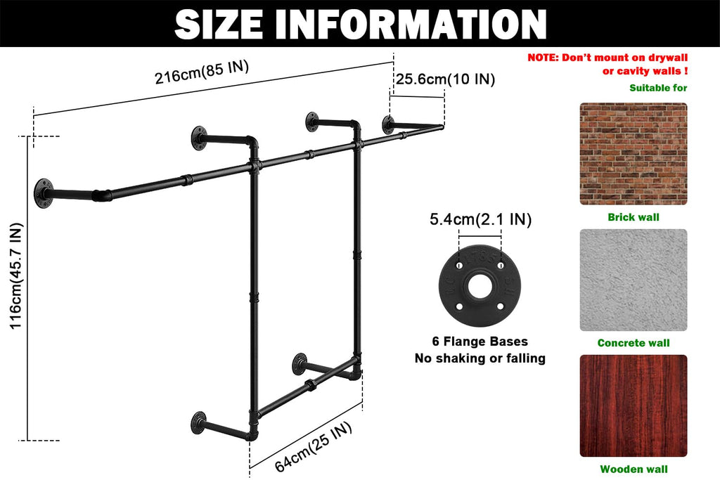 Industrial Pipe Clothes Rack, Heavy Duty Detachable Iron Garment Rack Wall Mounted, Rustic Saving Space Clothes Bar