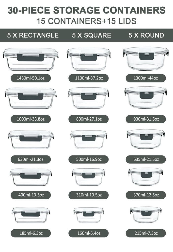 30 Piece Extra Large Glass Food Storage Containers with Lids,Gray