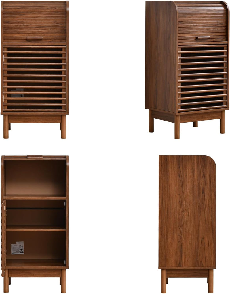 Modern Single-Door Accent Cabinet with Curved Roll-Top and Slatted Door Design, Tall Narrow Storage Cabinet , or Home