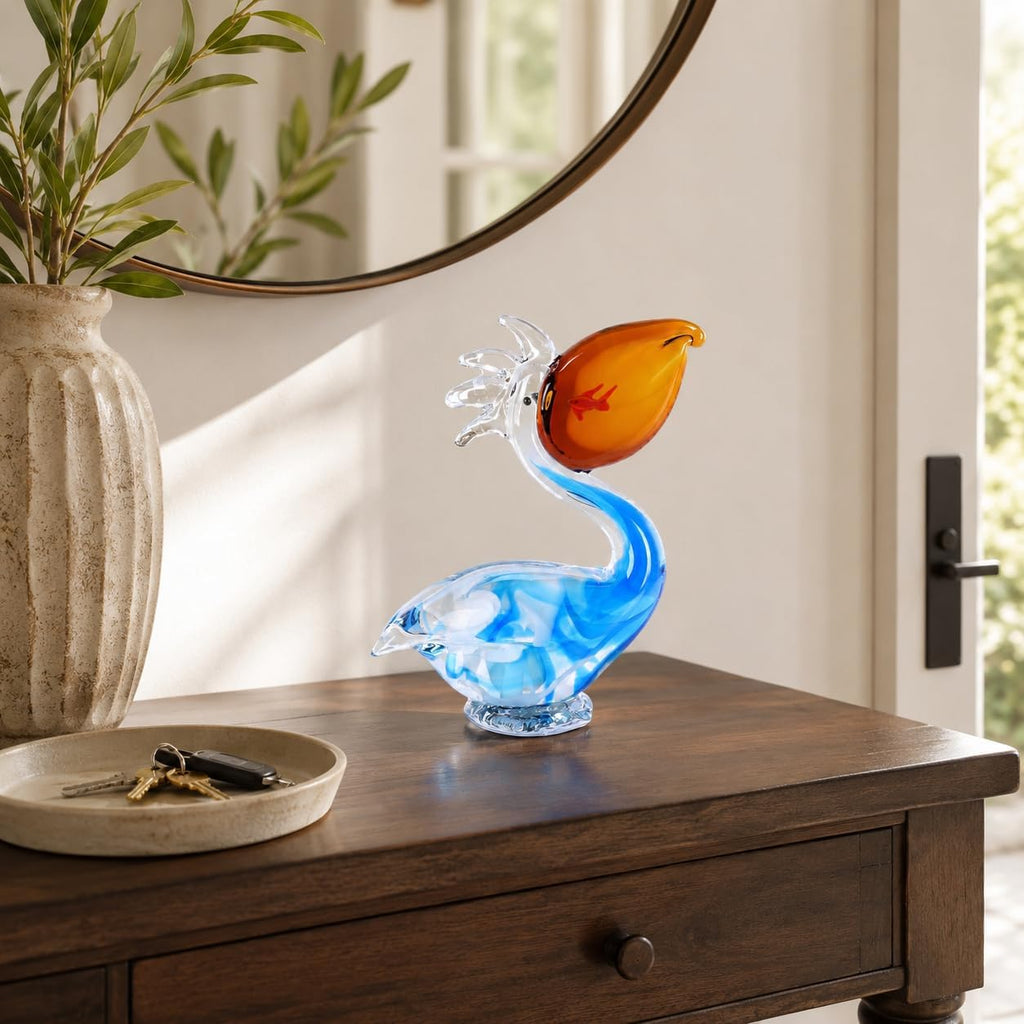 Pelican Figurine Hand Blown Glass Bird Sculpture, Pelican Statue Decor with Fish Detail Shelf Tabletop Display