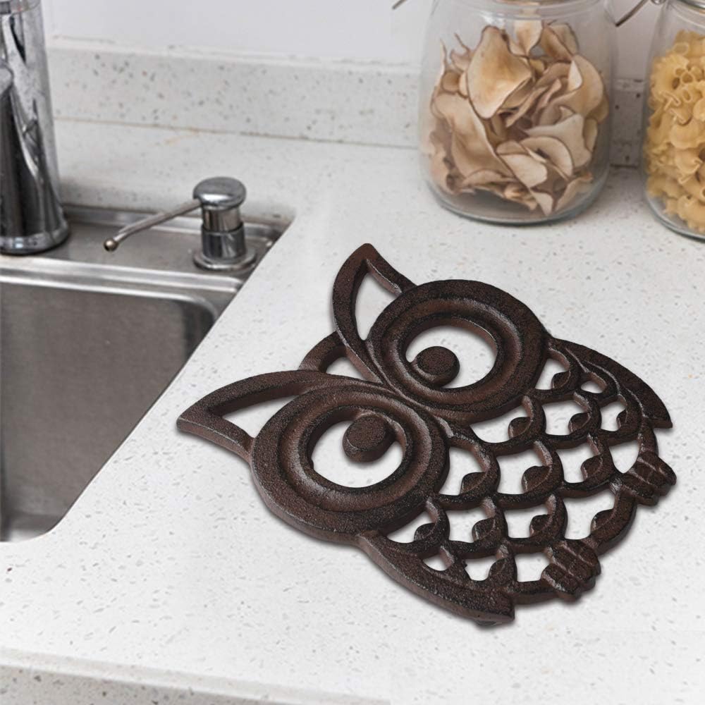 Cast Iron Owl Pot Trivet, Vintage Rustic, Artisan Design, with Rubber Pegs
