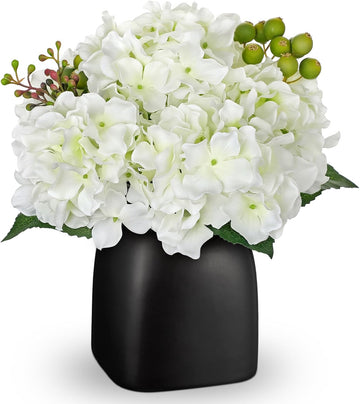 Artificial White Hydrangea Arrangement, Matte Black Vase Centerpiece