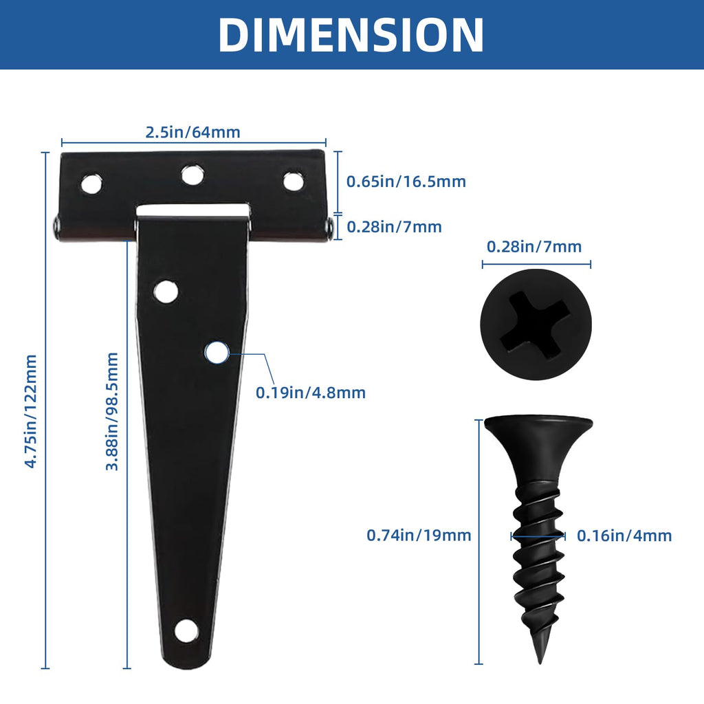 6 Pcs 4 Inch T-Strap Light Duty Barn Door Hinges for Shed Gate
