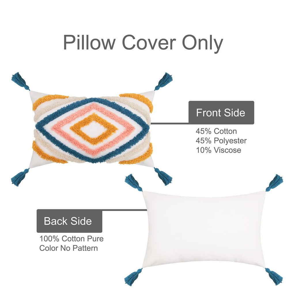 Colorful Boho Throw Pillow Covers 12x20, Diamond Pattern Lumbar Pillow Covers with Tassel Woven Tufted Decorative
