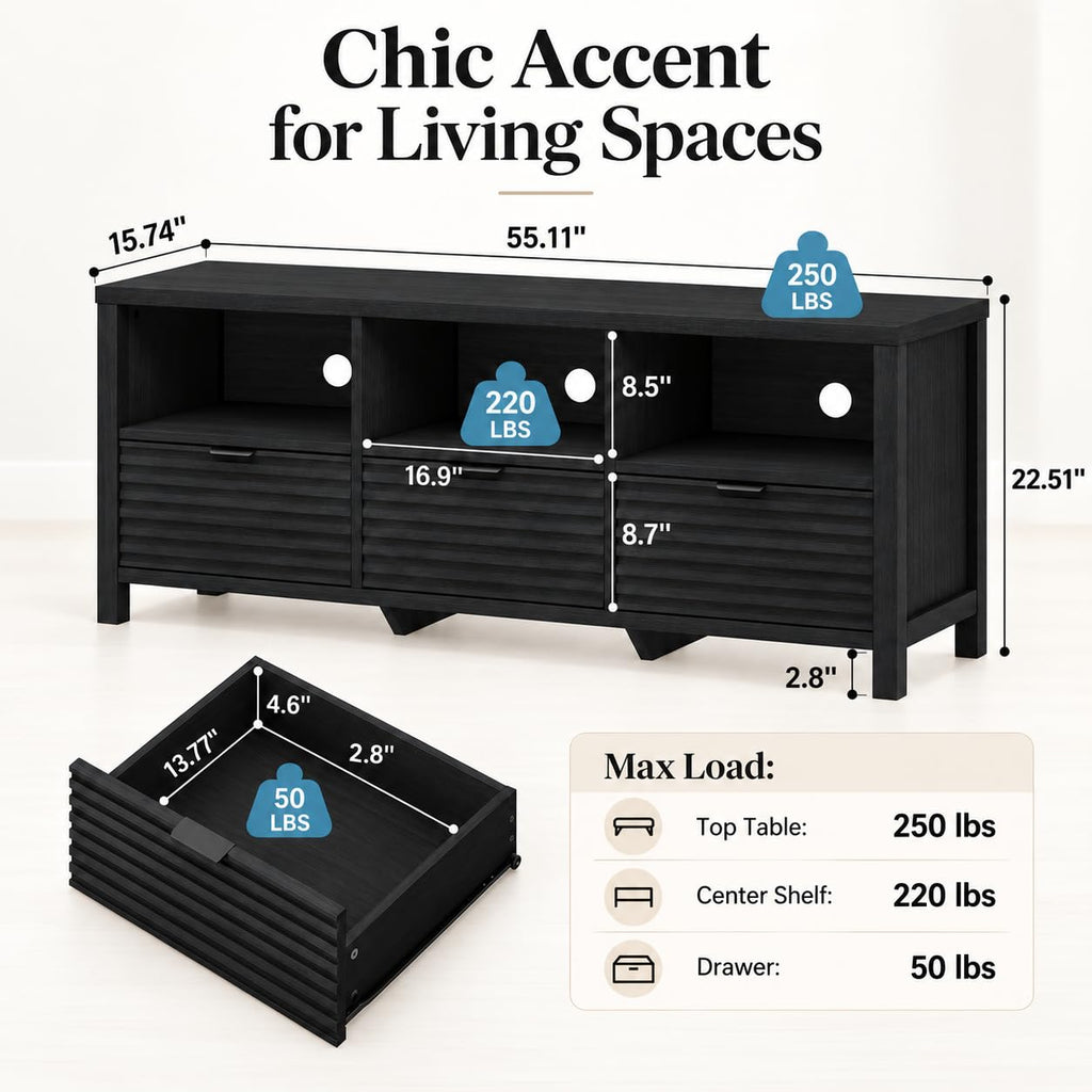 Black Modern TV Stand for 55-60 in TVs, Bedroom