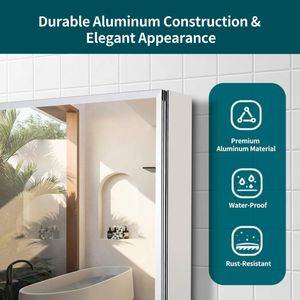 Medicine Cabinet with Mirror, 24 Inch x 30 Inch Aluminum Mirror Cabinet with Single Door, Bathroom Medicine Cabinet