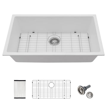 33x19 Inch White Granite Composite Quartz Undermount Single Bowl Kitchen Sink Under Counter Contemporary Kitchen Deep