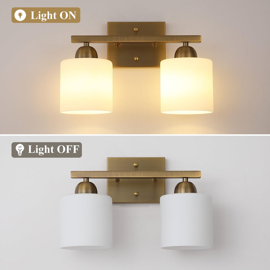 Milk Glass Vanity Lights, 2 Light Antique Matte Brass Bathroom Vanity Light Fixtures Over Mirror, Ceramic E26