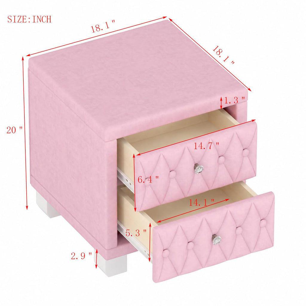 Velvet Nightstand with 2 Storage Drawers and Crystal Handle, Button Tufted End Table, Pink