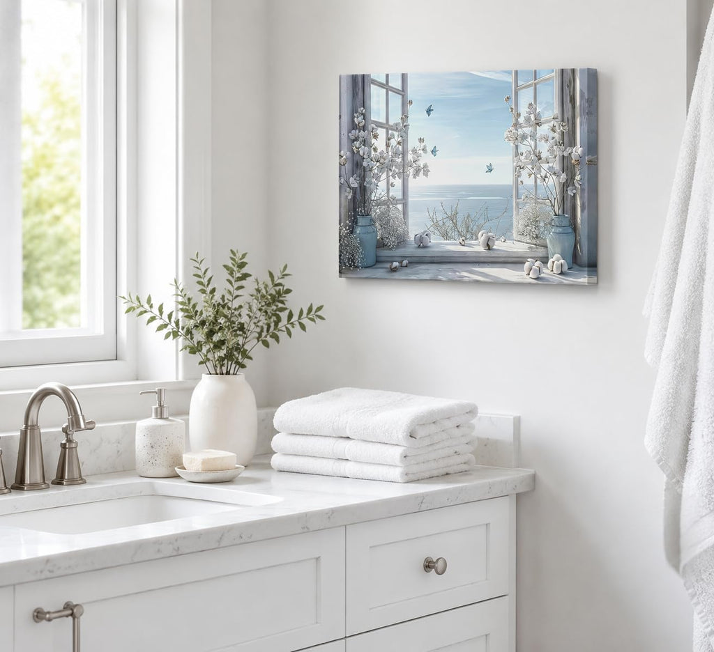 Coastal Flower Bathroom Canvas Wall Art Farmhouse Cotton Bouquet and Butterfly Bathroom on Window Wall Decor Rustic
