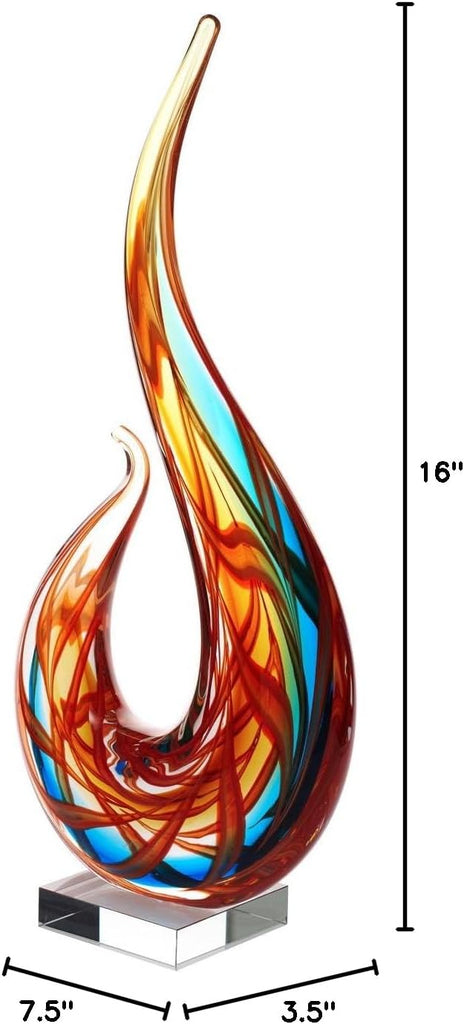 Hand Blown Flame Sommerso Art Glass Sculpture Decor 16 inch Tall Centerpiece Table Decoration