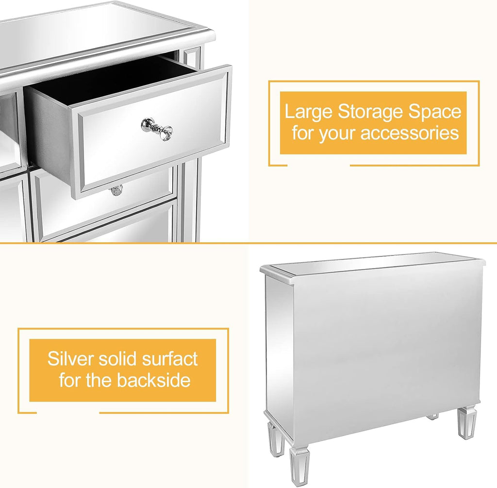 Mirrored Dresser with 6 Storage Drawer Modern Chest of Drawers, Silver, 32"L x 12"W x 28"H