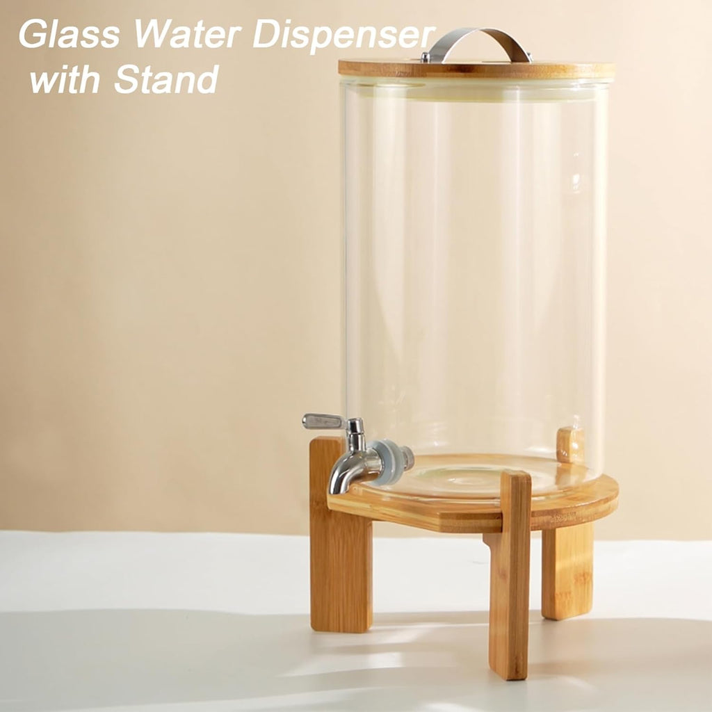 Glass Drink Dispenser with Stand,2.1 Gallons Wood Stand Cold Beverage Dispensers-Large Drink Dispensers