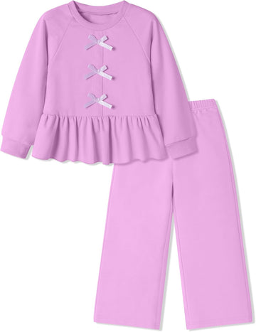 Toddler Girls Clothes 2 Piece Solid Long Sleeve Ruffle Shirt Top Wide Leg Pants Sets Fall Winter Outfits