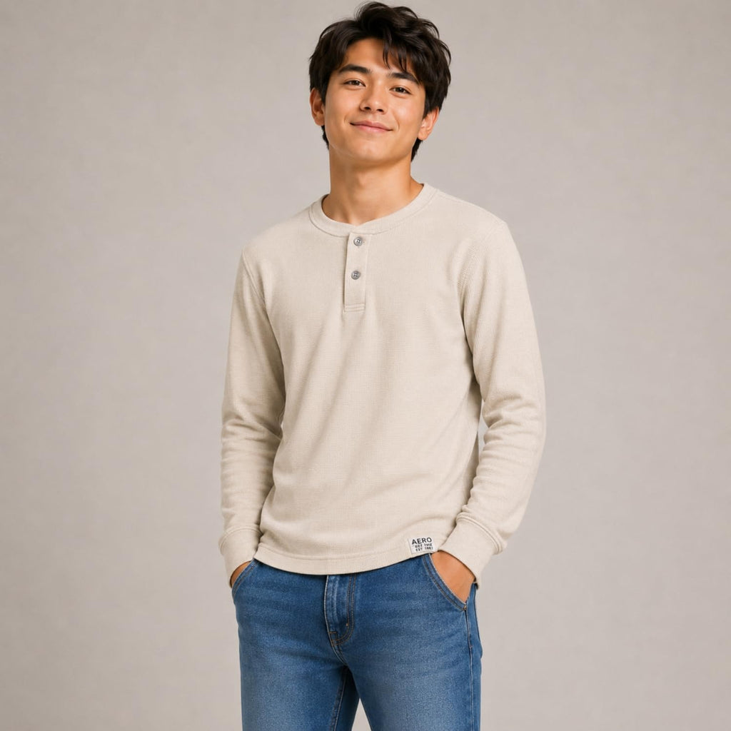 Boys Pack Thermal Long Sleeve Shirts Cotton Waffle Henley