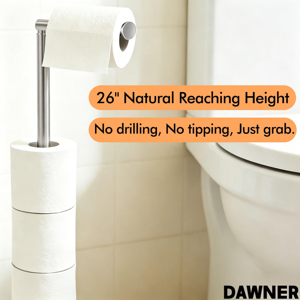 26" Heavy Duty Toilet Paper Holder Stand, Free Standing Toilet Paper Holder, Brushed Nickel Bathroom Toilet Paper