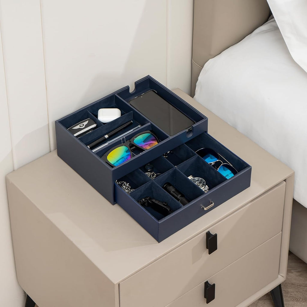 2 Layers Valet Tray Gift for Men, Nightstand Organizer EDC Dump Catchall Trays with Phone Charging Station, Dresser