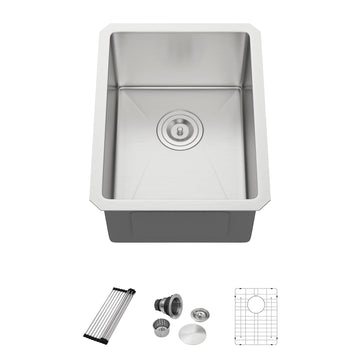 14" x 18" x 9" Modern Stainless Steel Undermount Single-Bowl Bar Sink, 16 Gauge, Brushed Finish, Grid Drain