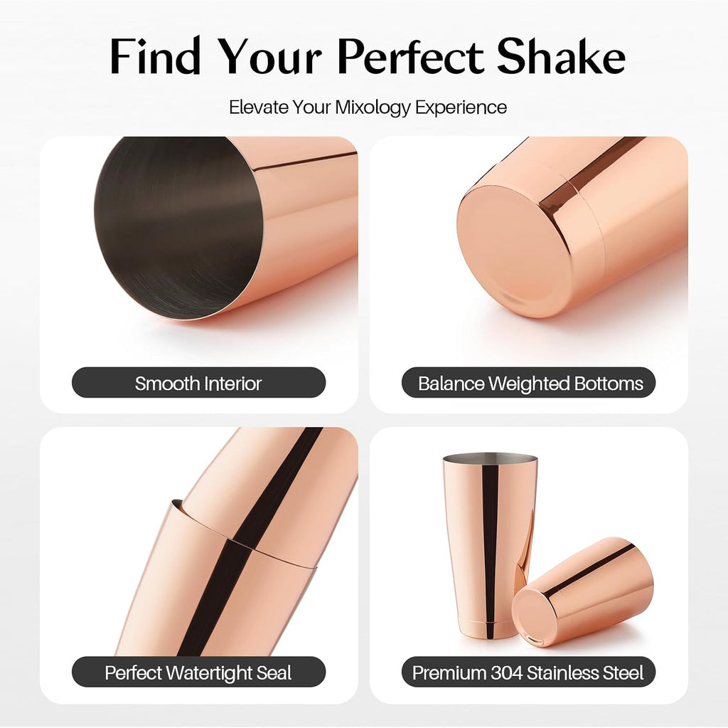 Boston Cocktail Shaker Set, 18 oz & 28 oz, Stainless Steel (Rosegold)