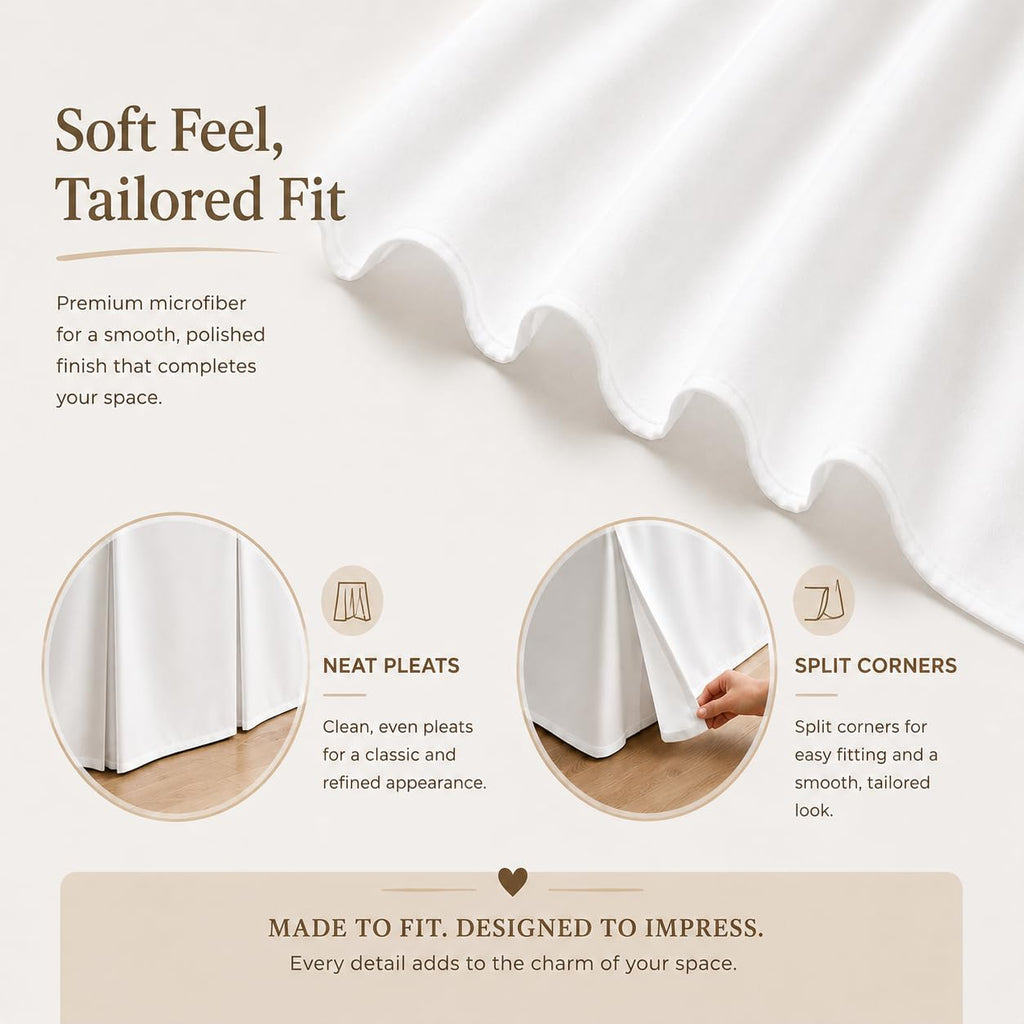 Box Pleated Dorm Room Bed Skirt with Split Corners, 100% Microfiber Soft, Sheen & Luxurious Look, Tailored Drop Easy