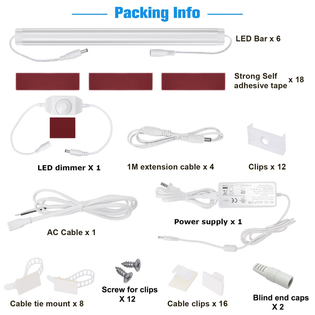 Kitchen Under Cabinet LED Lighting Kit, Super Bright, 6 PCS 12 Inches Light Bars, Plug-in or Hardwire Power Adapter