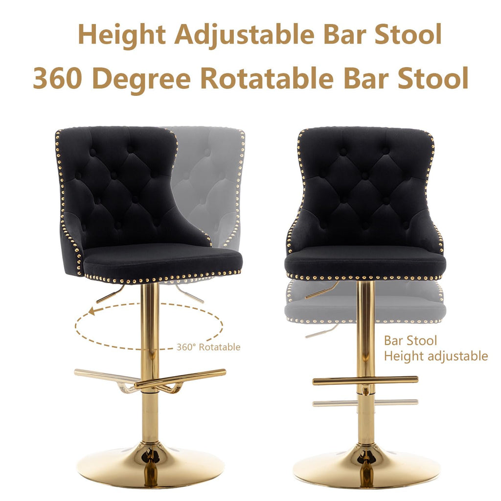 Swivel Bar Stools Set of 4, Counter Height Bar Stools with Button & Nailheads Trim, Gold Velvet Barstools Island, Pub
