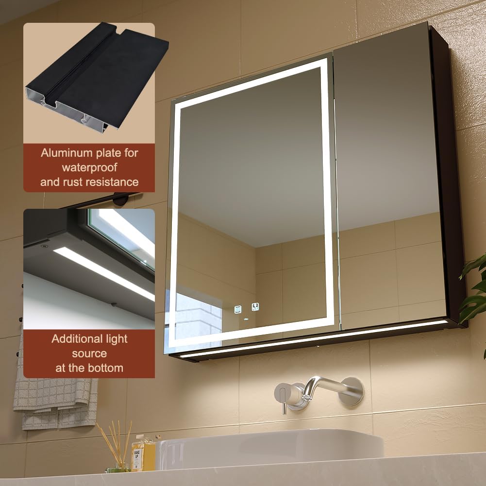30x28 Inch Aluminum LED Bathroom Mirror Cabinet with Backlit Panel | Light Adjustment, Anti-Fog, Sockets&USBs, High