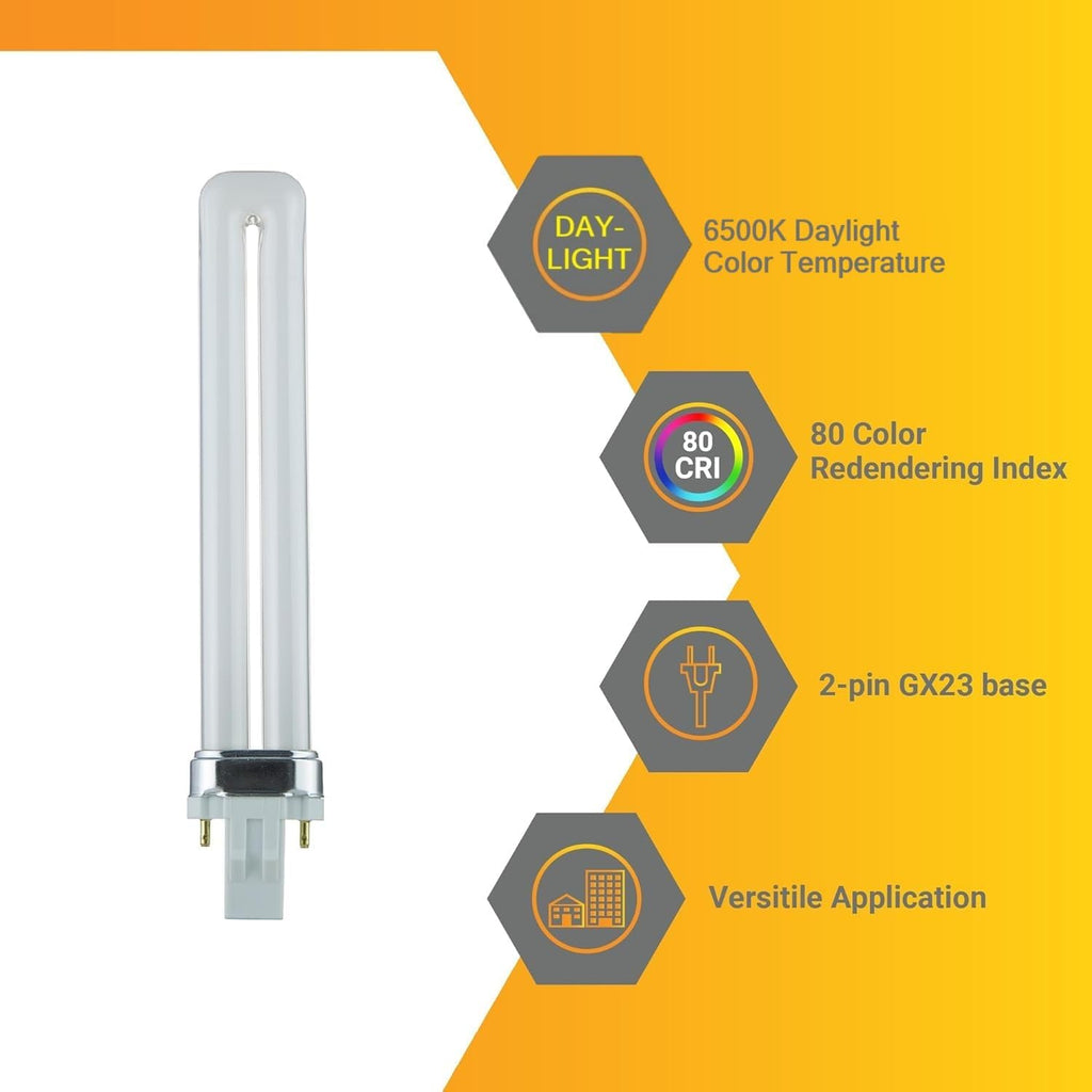 Compact Fluorescent Light Bulb PL 2 Pin GX23 Base Double Tube U-Shaped Plugin CFL Replacement 13W 6500K