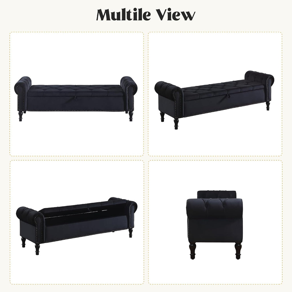 Storage Bed Bench , 67 Inches End of Bed Bench, Velvet King Size Bench with Arms, Tufted Button Storage Ottoman