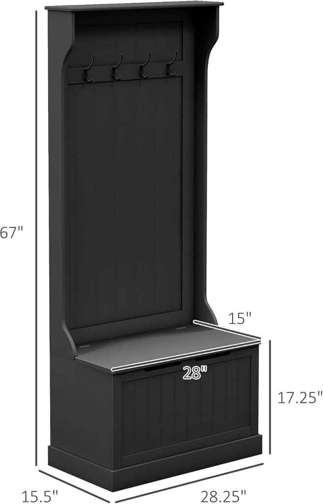Hall Tree with Bench and Shoe Storage, 3-in-1 Entryway Bench with Coat Rack, 4 Hooks and Flip Top Storage