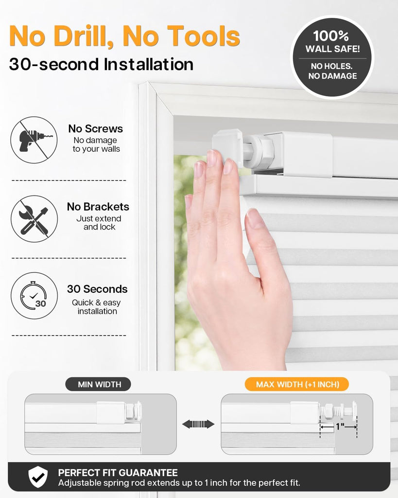 TDBU Cellular Shades, White | No Drill Cordless Top Down Bottom Up Honeycomb Blinds, 1.5 Inch Cell Easy Install No
