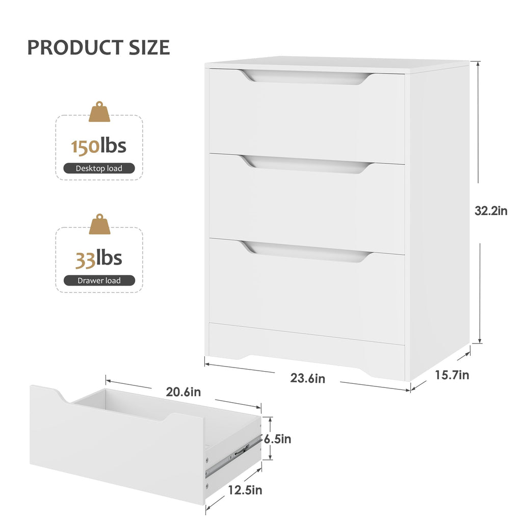 Modern 3 Drawers Dresser, Wood Chest of Drawers with Storage, White