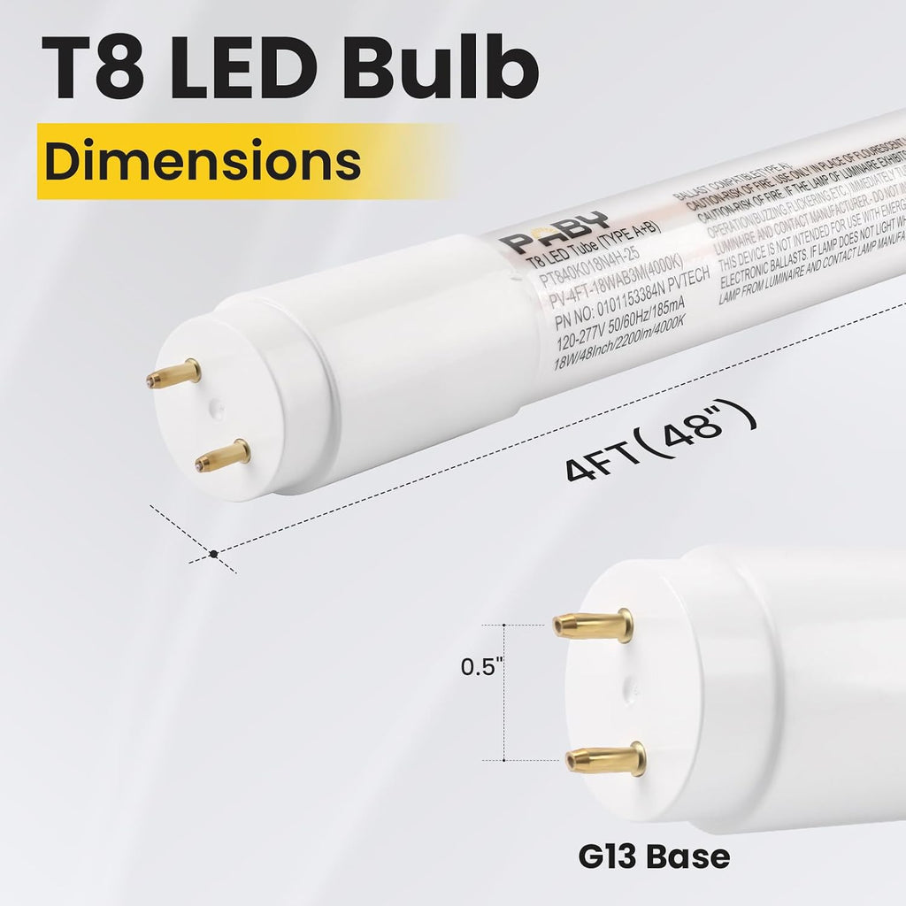 25 Pack 4FT T8 LED Type A+B Tube Light, 18W(32W Equivalent) 2250LM, 5000K, Plug & Play or Ballast Bypass, Single or