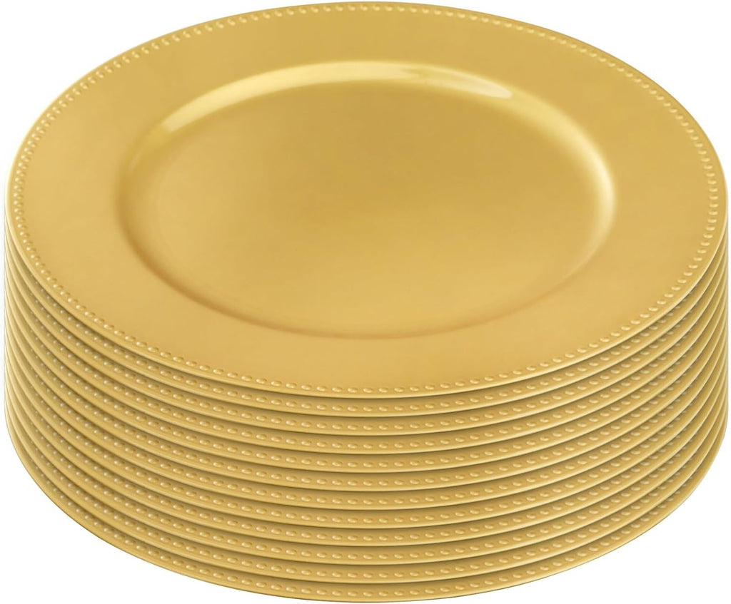 Plastic Gold Charger Plates, 13" Round Beaded Charger Plates for Wedding, Catering Event, Tabletop Decor - Set of 12