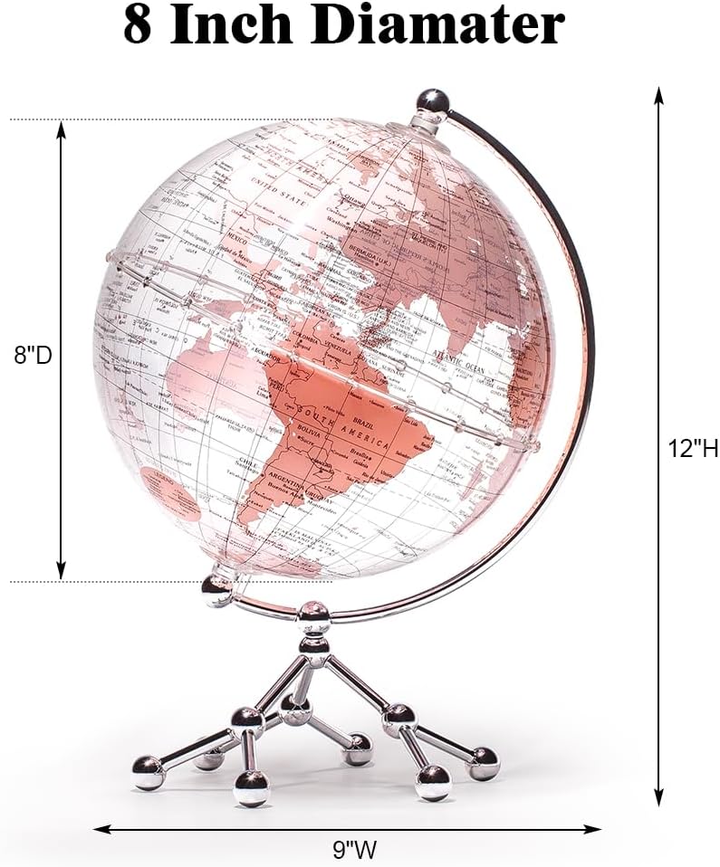 Decorative 8" Pink Earth Globe with Stand - Rotating Desktop Map for Kids, Educational World Globe with Detailed Map