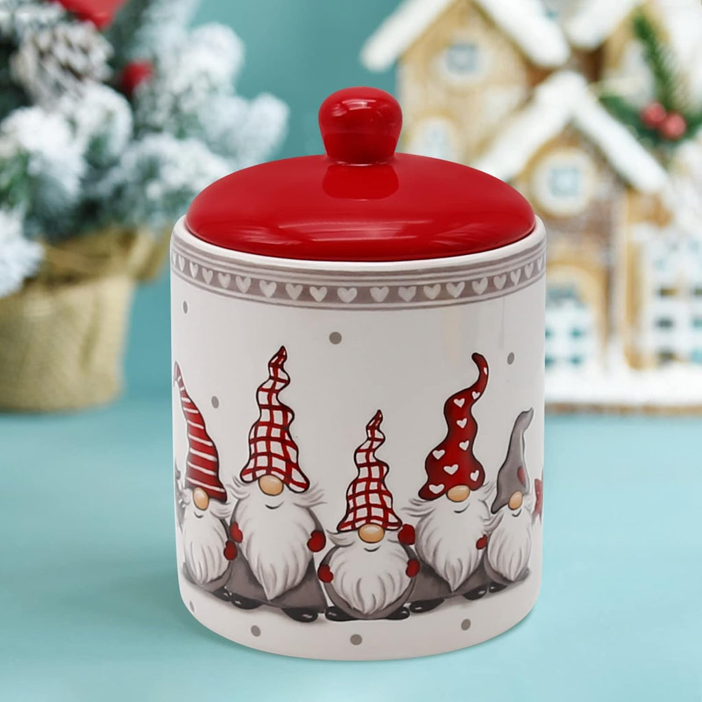 Christmas Cookie Jar, Red & White Ceramic Canister with Lid