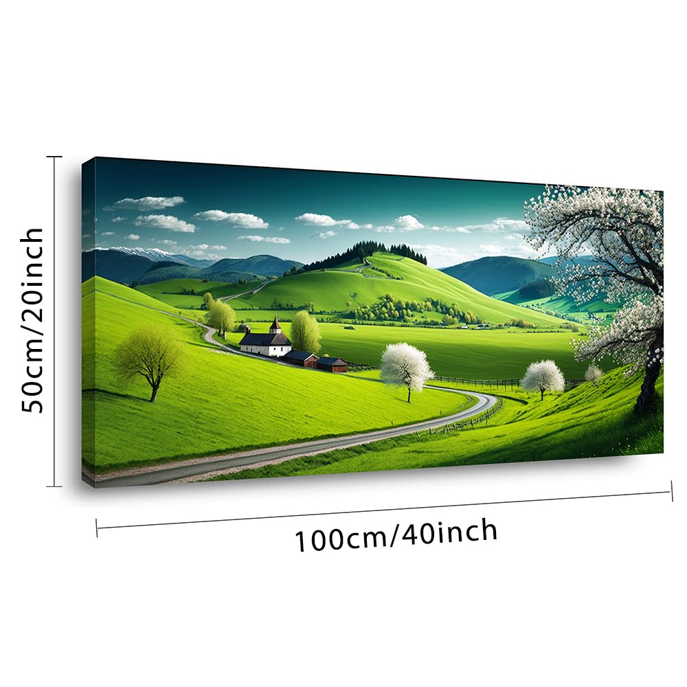 Beautiful Rustic Field Plain Landscape Wall Art Office Nature Calming Scenery Green Painting Prints Spring Summer