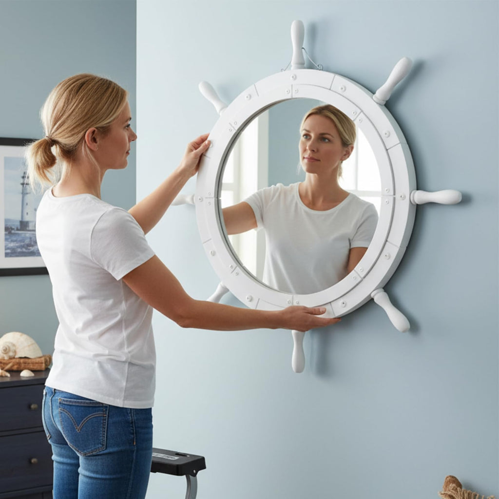 Nautical Ship Wheel Mirror Wall Mounted, White Handle, 30 Inch