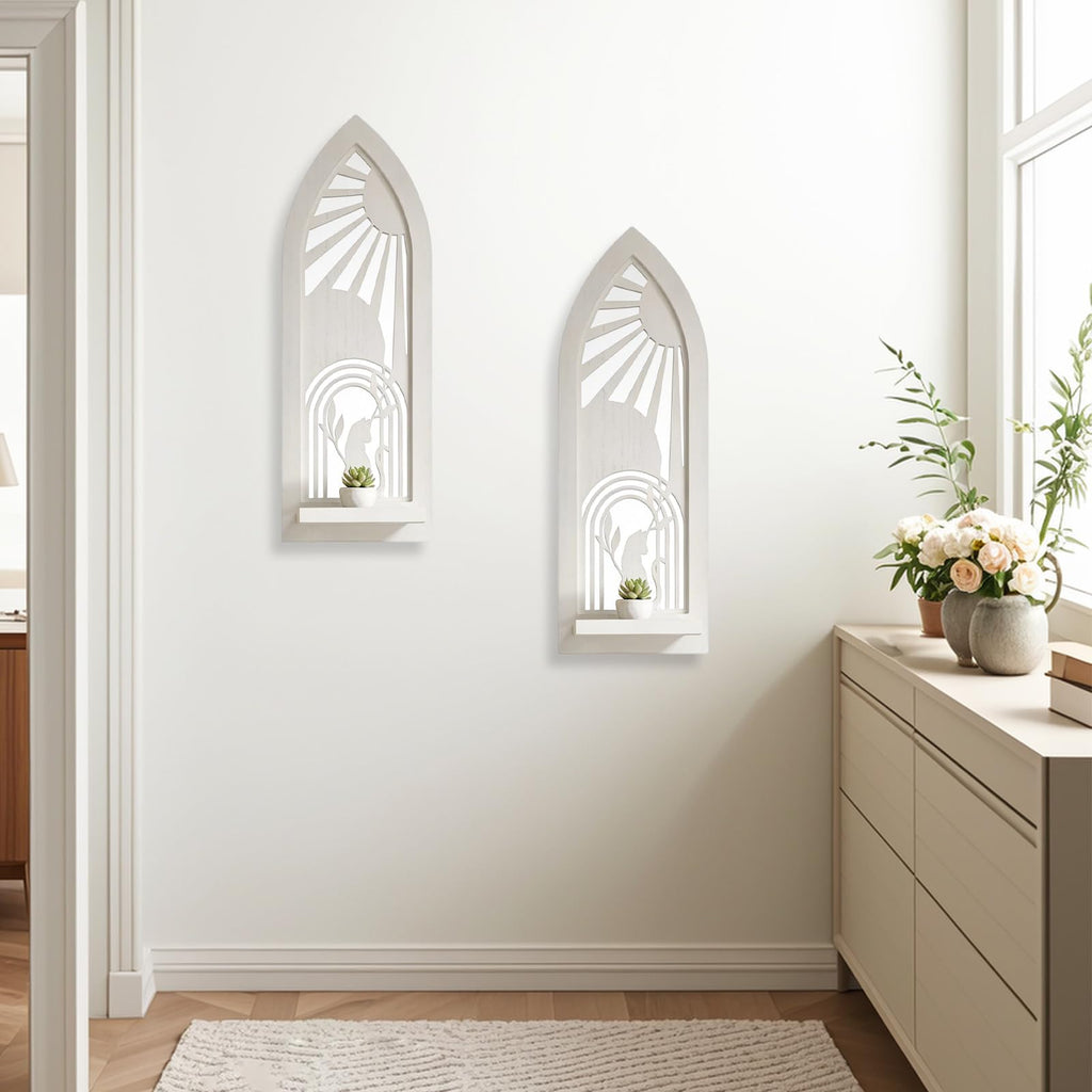 2 Set Rustic Candle Sconces Living Room Bedroom Entryway Wood Mirrored, Farmhouse, Carved Frame Wall-Mount Wooden
