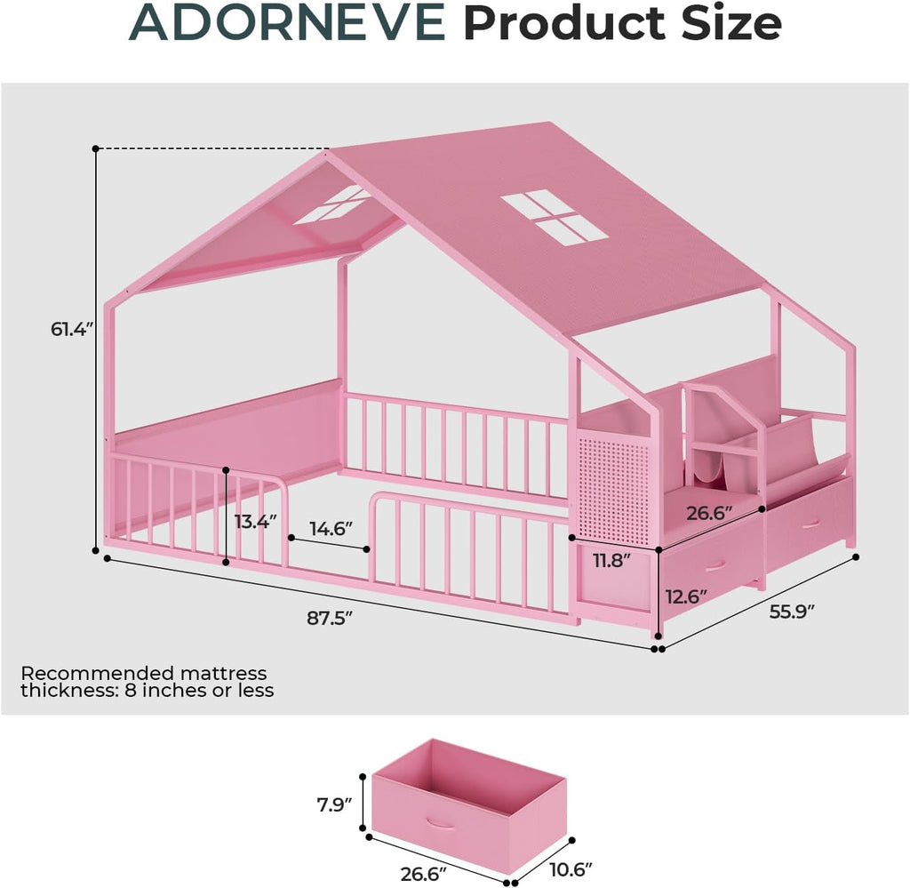 Montessori Full Size Floor Bed, Safety Guardrails, Reading Nook, Pink | House Shape, Wide Soft Padded Seat, Sling
