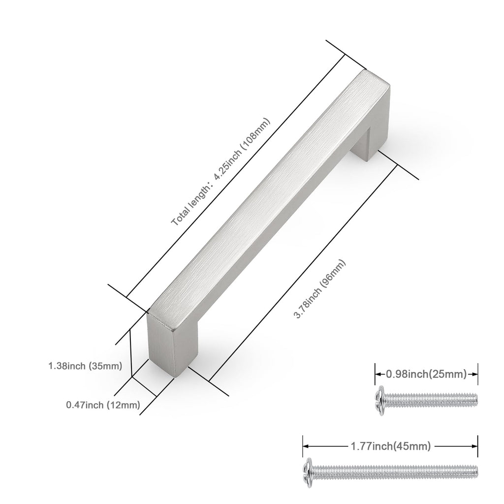 6 Pack Hole Centers 3.75inch Brushed Satin Nickel Kitchen Cabinet Pulls,Stainless Steel Drawer Handles,Square Corner