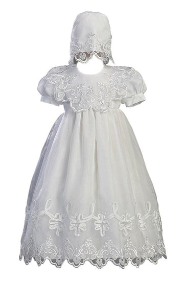 White Embroidered Organza Christening Baptism Gown with Bonnet - L