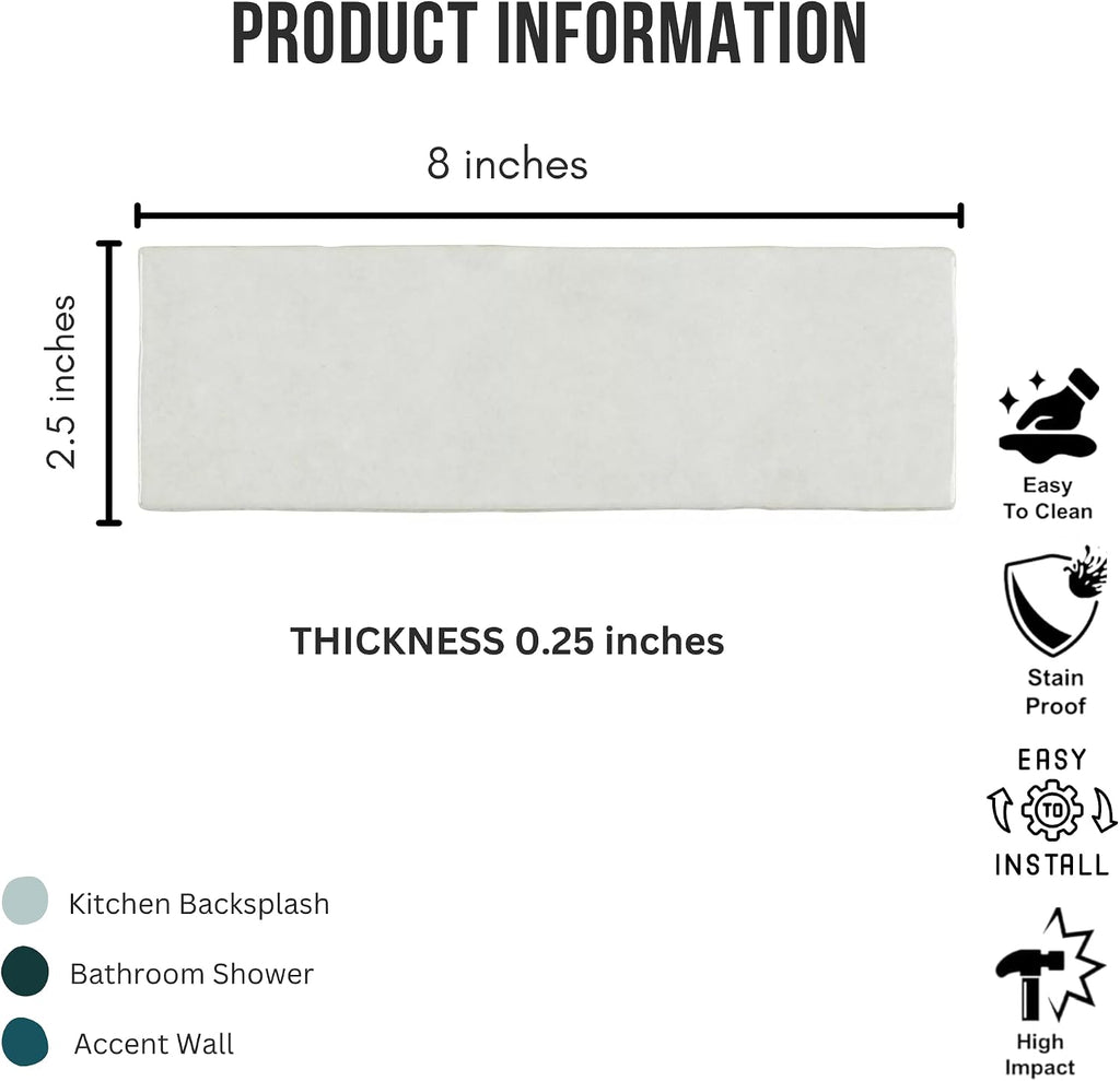 2.5x8 White Glossy Handmade Look Ceramic Wall Tile - Spanish Zellige Style Subway Tile Backsplash, Bathroom, and
