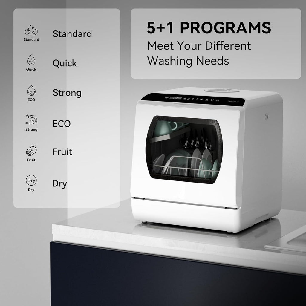 Portable Countertop Dishwashes, 5 Washing Programs Mini Dishwasher with 5-Liter Built-in Water Tank for Apartments &